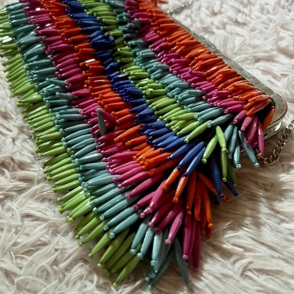 Rainbow Colorful Kidcore Dopamine Beaded Fringe Clutch Bag Maximalist Retro Bold